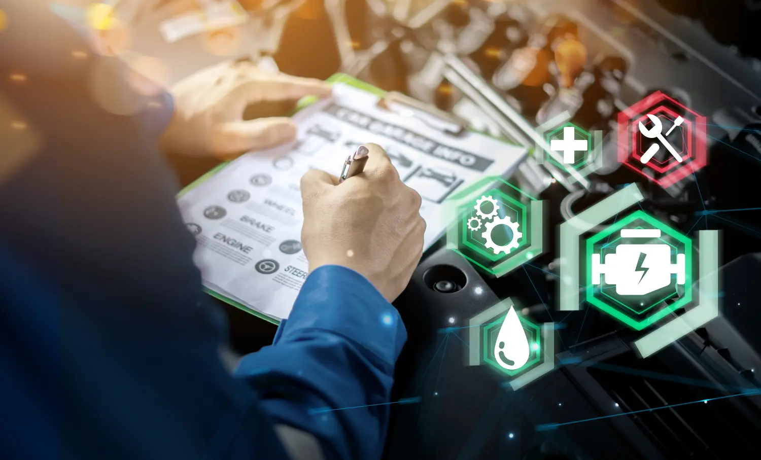 Mechaniker-Ingenieur futuristisches Hologramm-Symbol, Reparatur, Diagnose, Überprüfung von Kraftfahrzeug-Autoteilen, Behebung von Problemen, Problem, defekter Motor